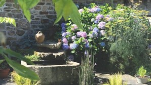 A garden with a pond, stone steps, and various plants. - Il Etait Une Fois à L'Ouest (Plestan)