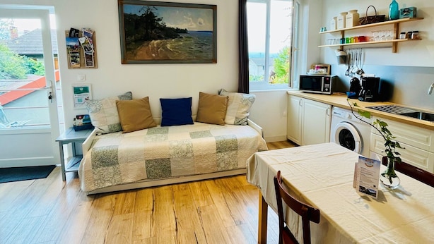 A compact living space with a sofa bed, a dining table, a washing machine, and a kitchen area with shelves and a microwave. - Gîtes du Fort (Collonges)