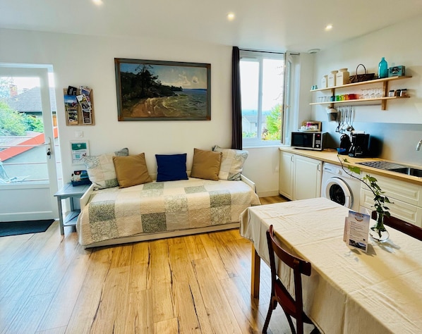 Appartement Confort, 1 grand lit, patio | Aire de séjour | Téléviseur à écran plat de 40 po avec télévision par satellite