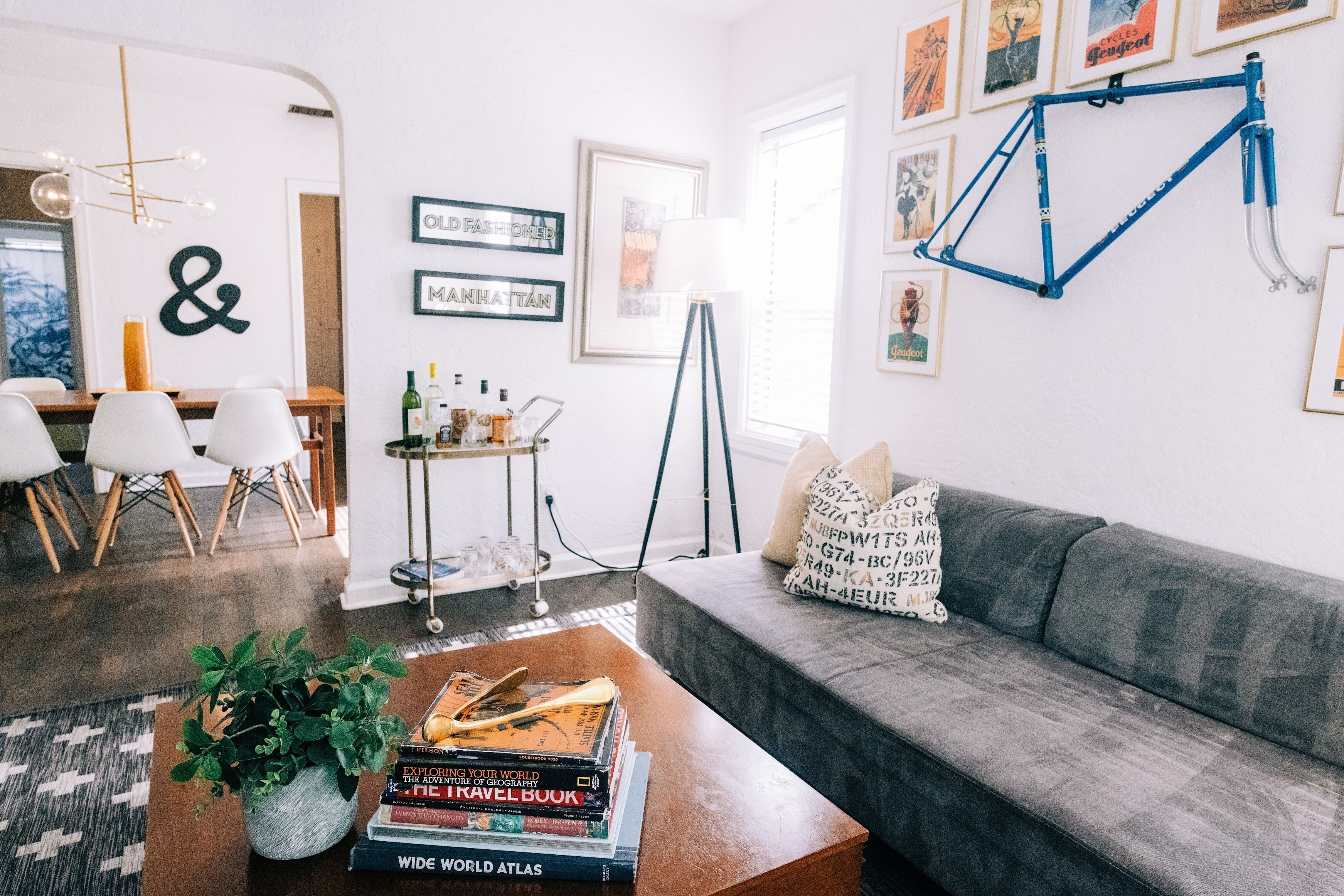 TV, fireplace, books
