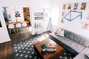 TV, fireplace, books