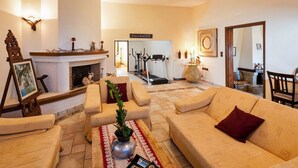 A living room with a fireplace, exercise equipment, and a mirror. - Villa Thalassea (Chania)