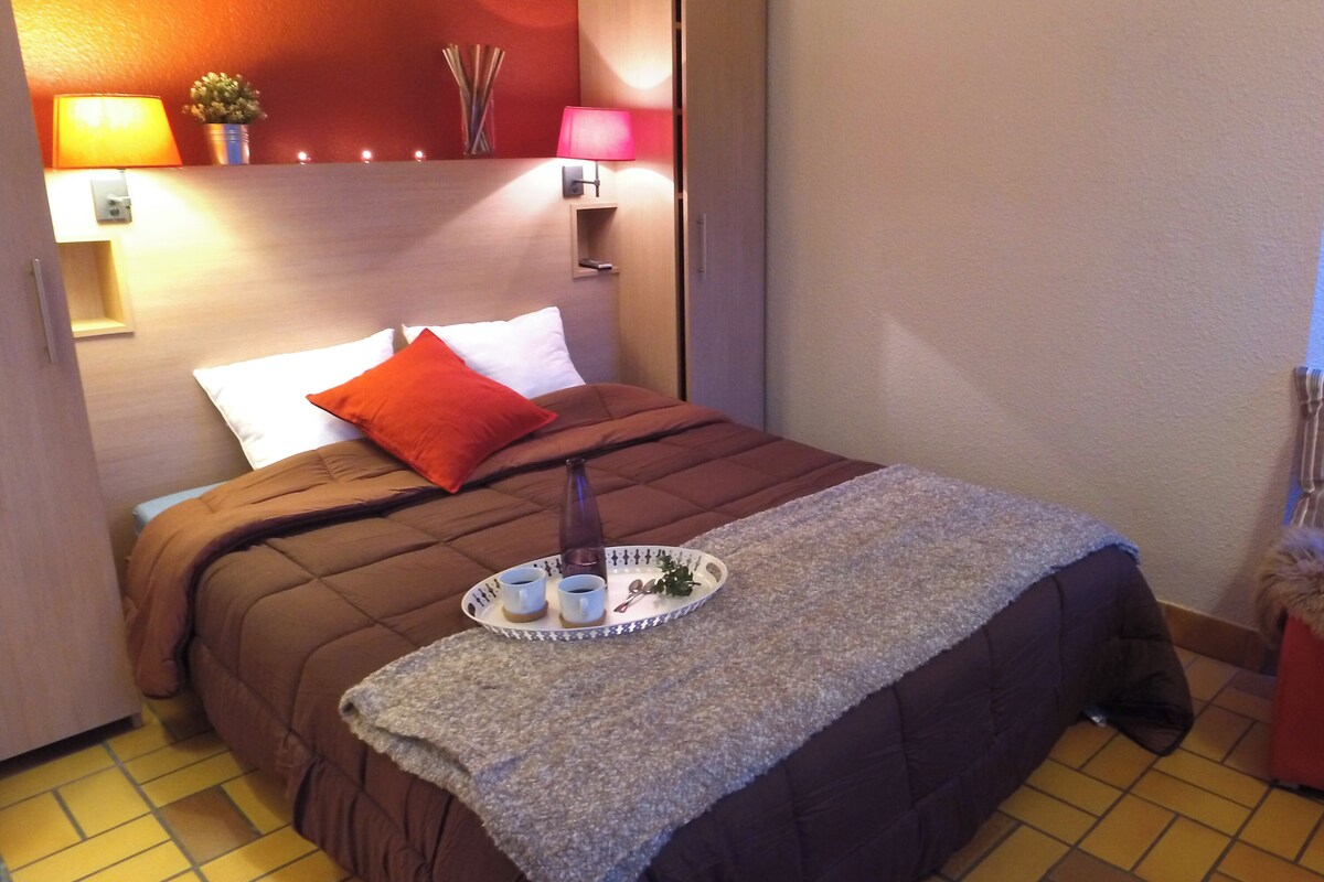 Une chambre d’hôtel avec un lit, un plateau avec des tasses et une bouteille, un oreiller rouge, une lampe et une petite plante.