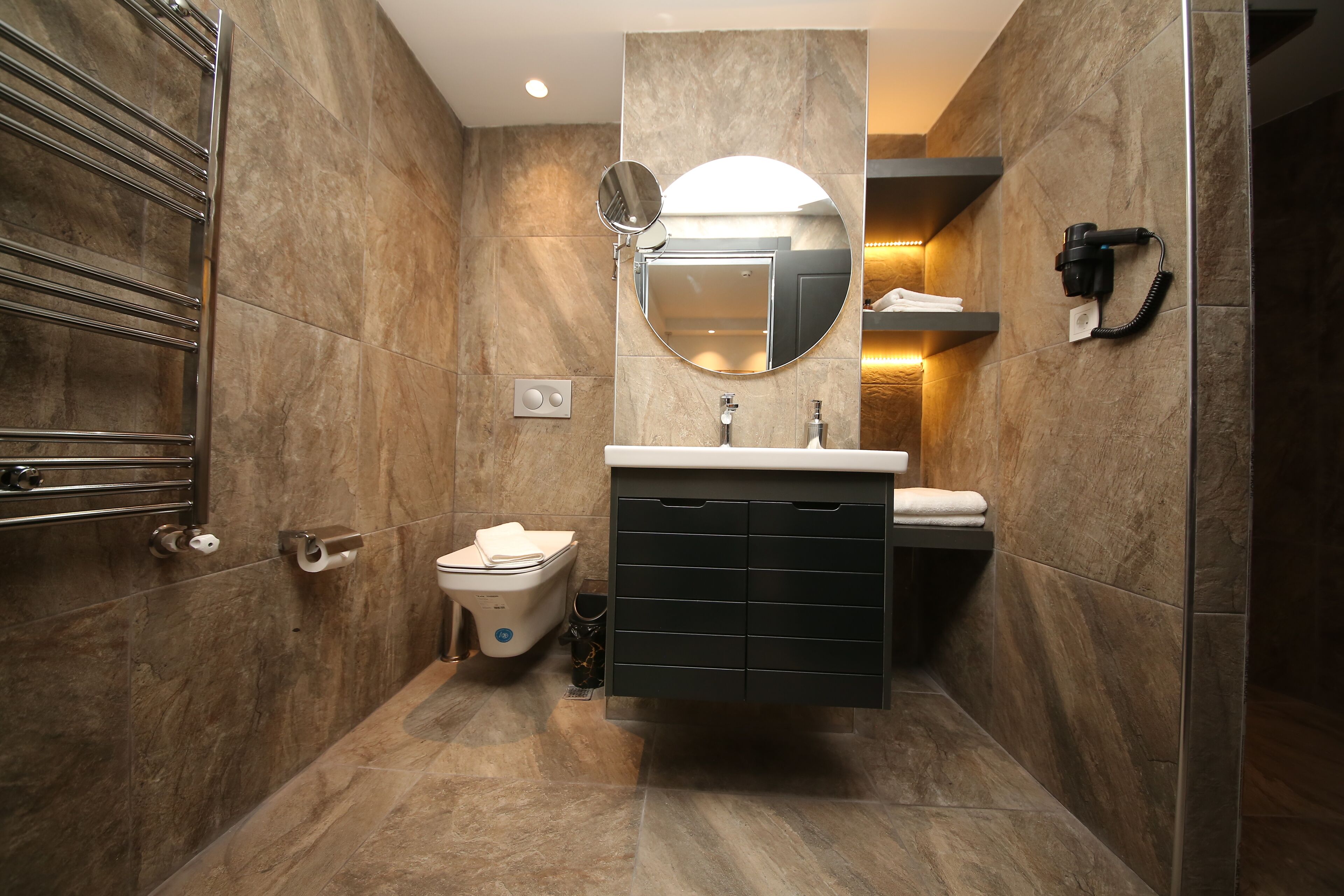 free toiletries, hair dryer, slippers, towels