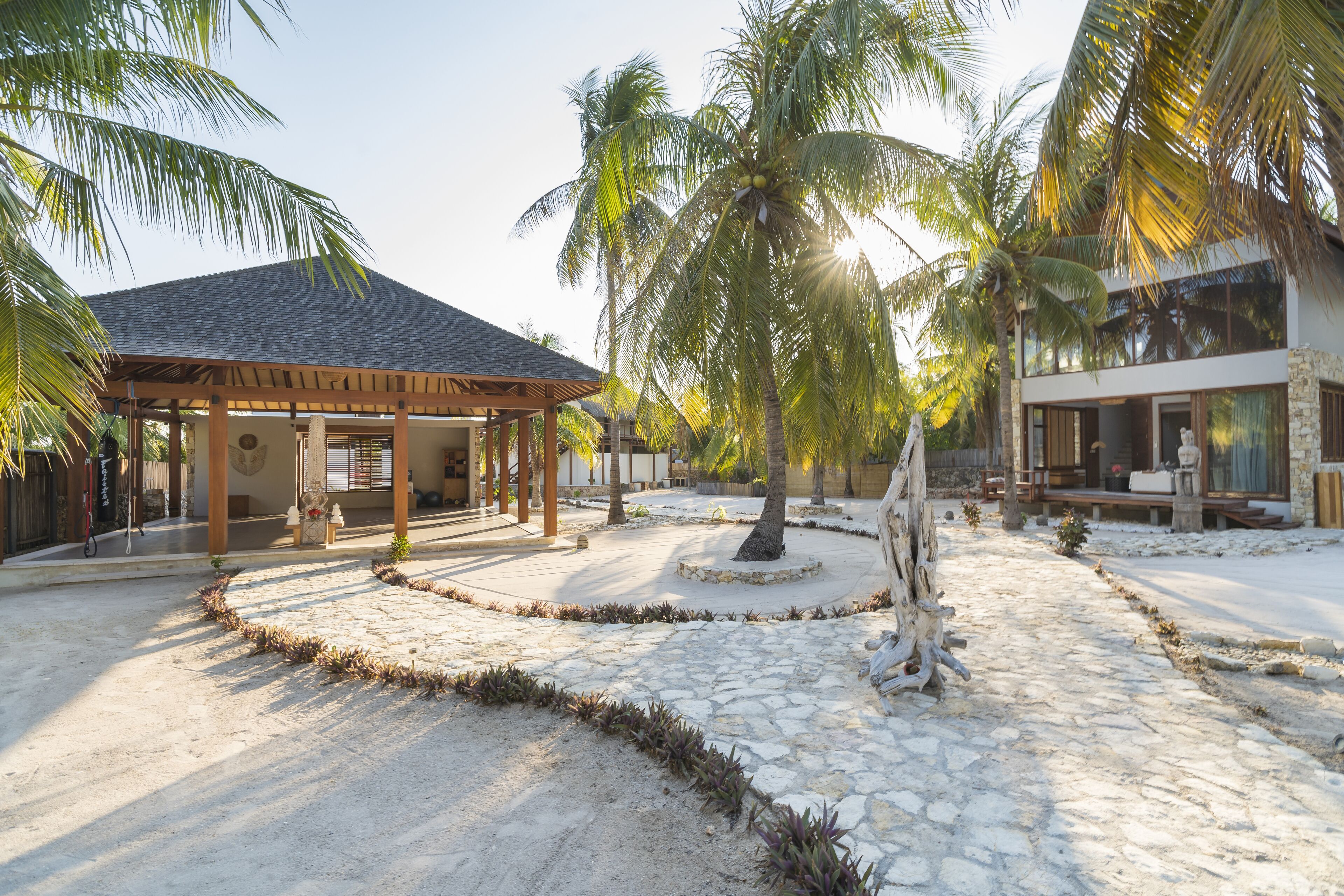 Um resort tropical com área externa coberta, palmeiras e um caminho de pedra.