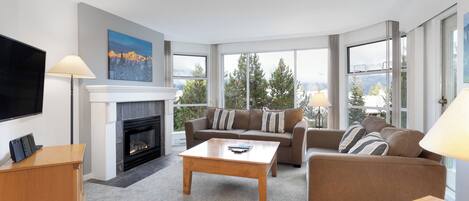 テレビ、暖炉、DVD プレーヤー