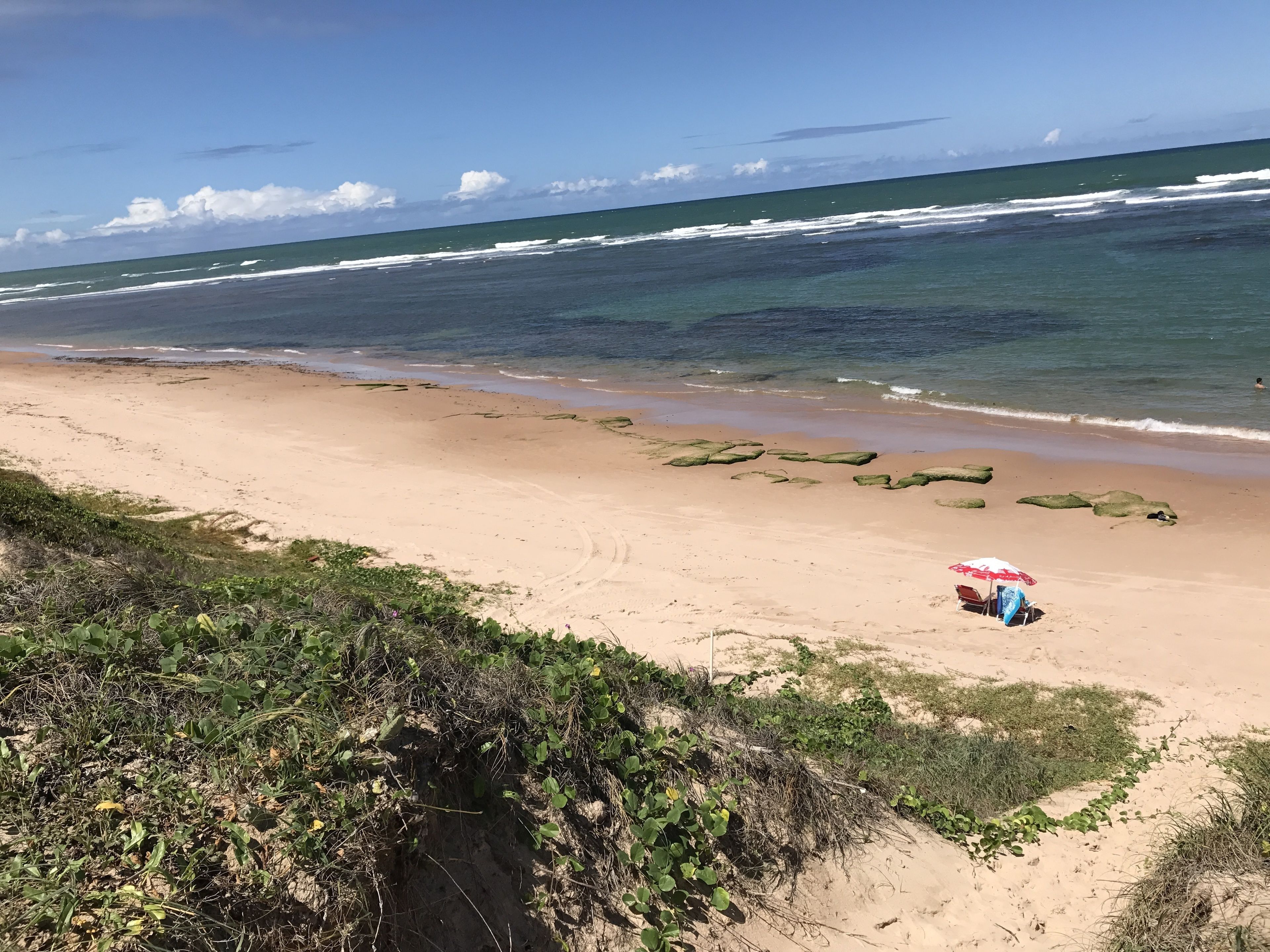 A beach with clear skies, waves, and a sandy shore.