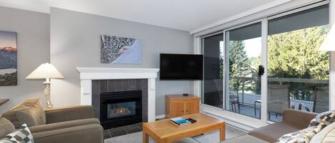 テレビ、暖炉、DVD プレーヤー