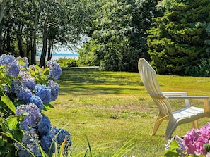 A garden with a bench, lush greenery, and hydrangea flowers.