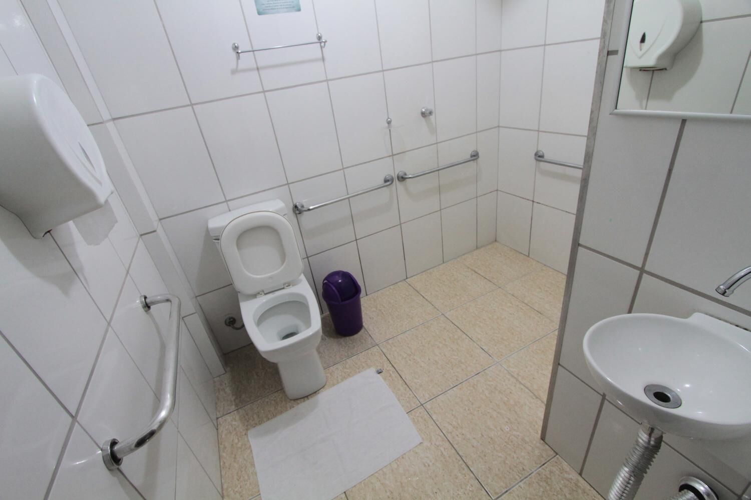 Ein kleines, sauberes Badezimmer mit Toilette, Waschbecken und Mülleimer.