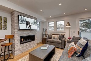 Télévision, cheminée, espaces bureaux