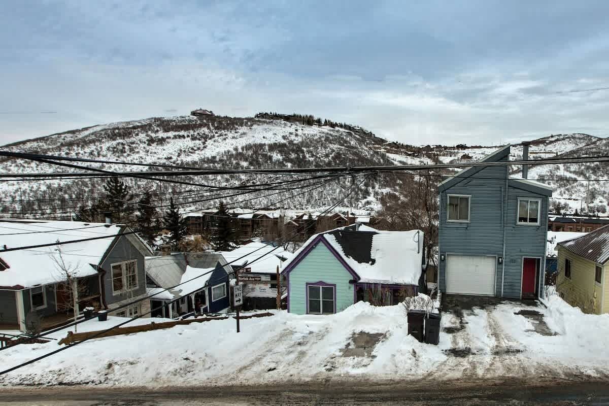 A residential area with houses, a road, and a mountain in the background.