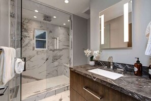 Combined shower/tub, hair dryer, shampoo