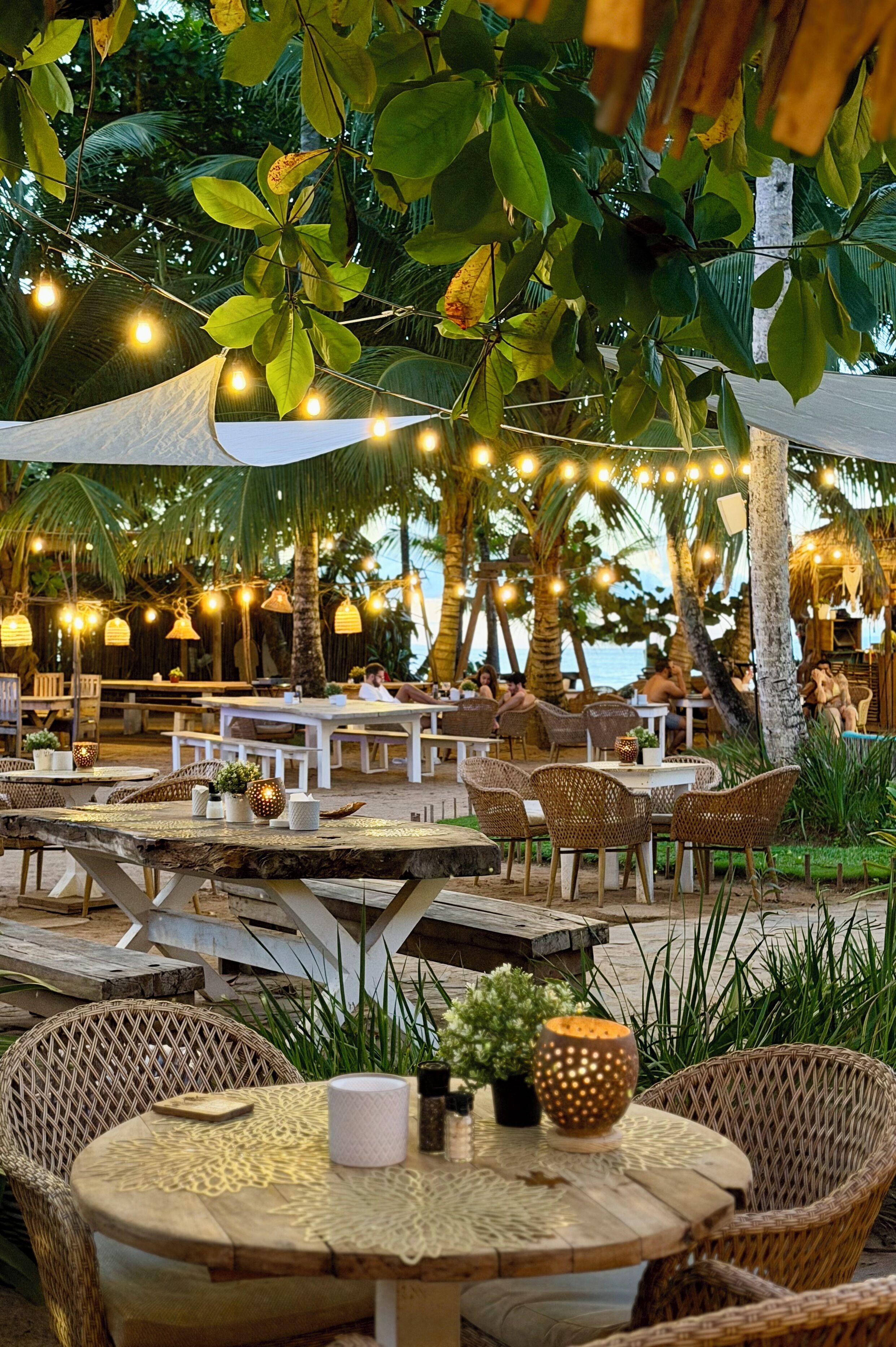 An outdoor dining area with tables and chairs, string lights, and palm trees.