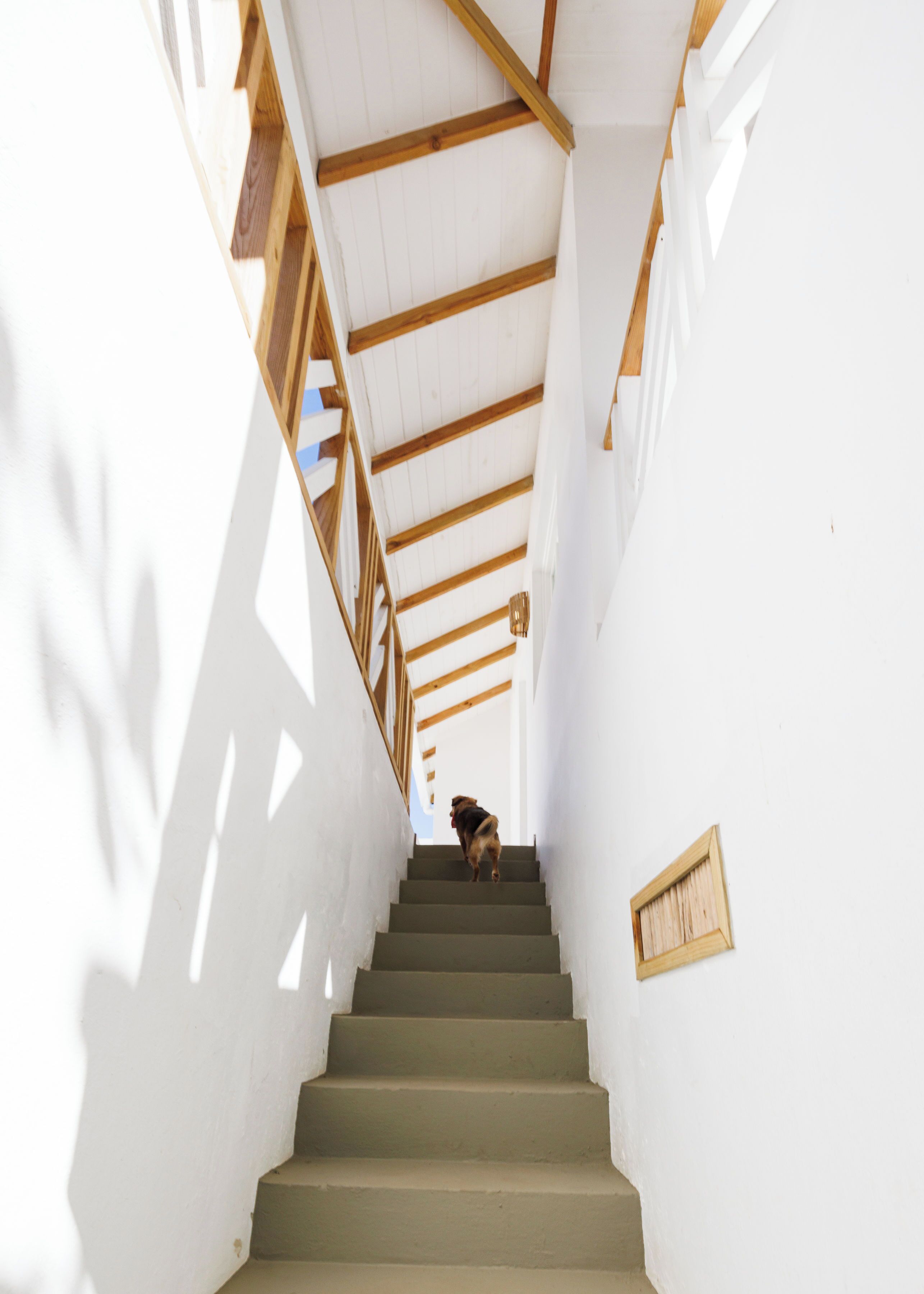 Un escalier avec des poutres en bois et des murs blancs.