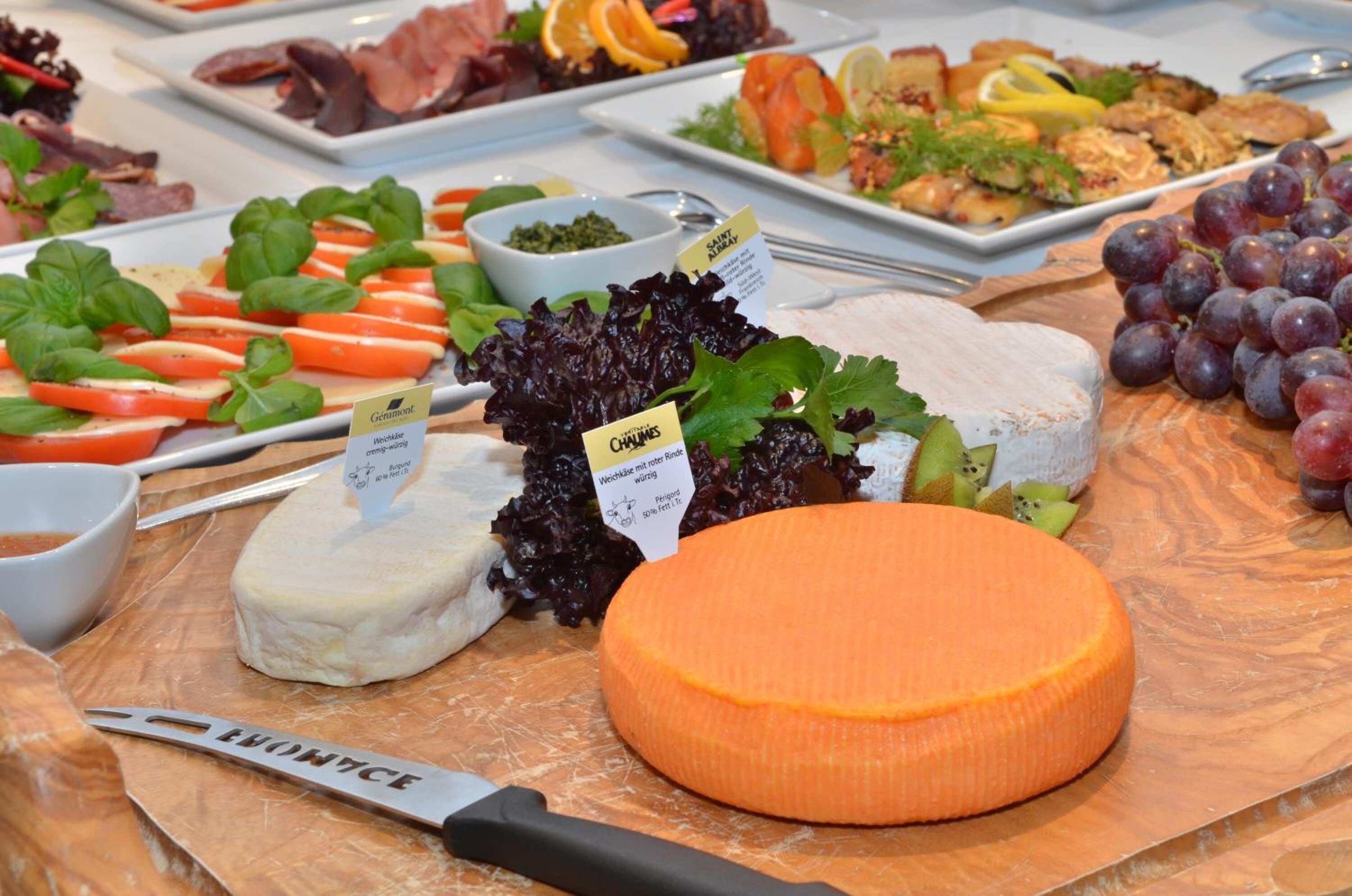 Eine Käse- und Wurstplatte mit verschiedenen Käsesorten, Früchten und Gemüse.