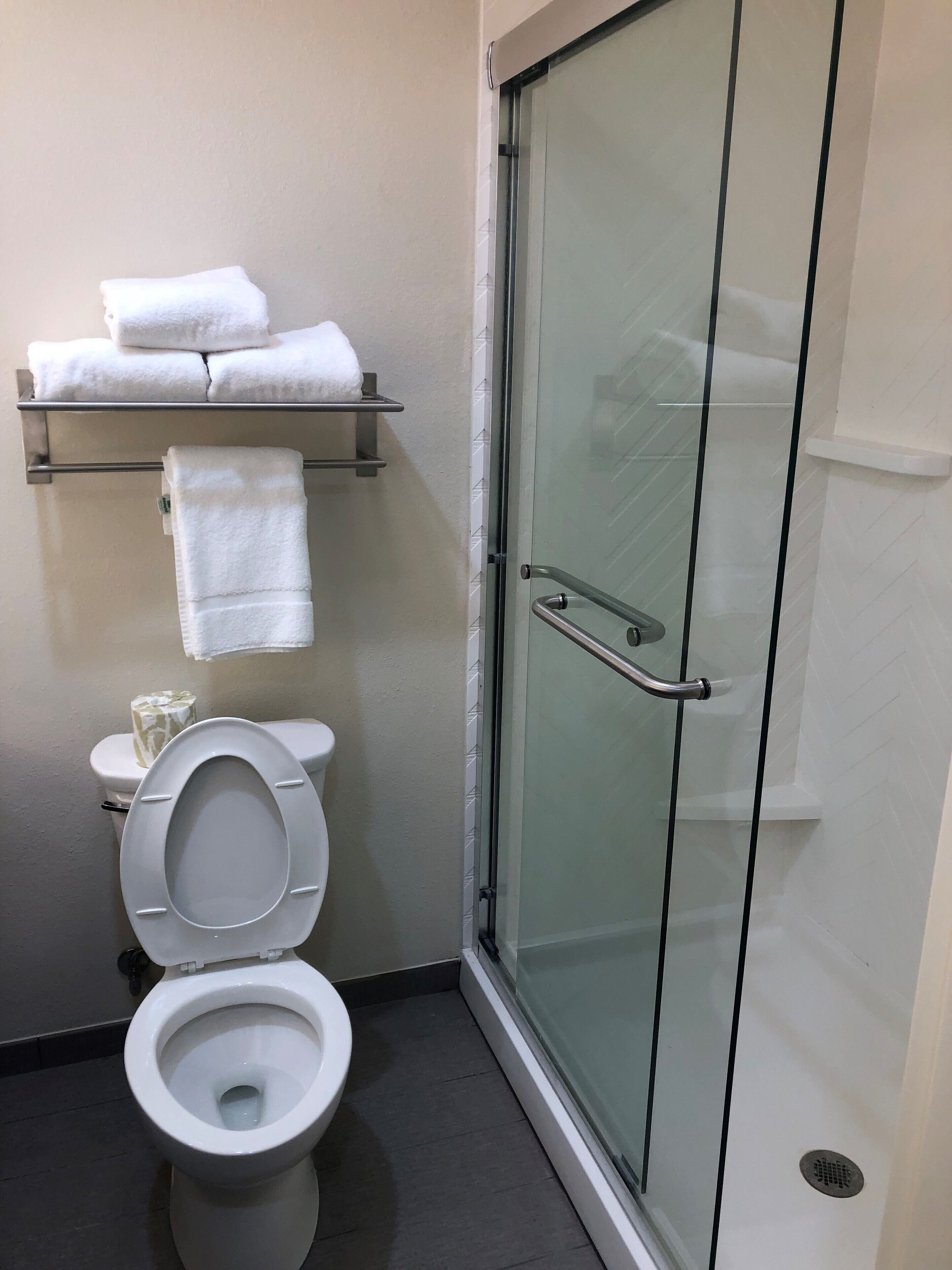 rainfall showerhead, free toiletries, hair dryer, towels