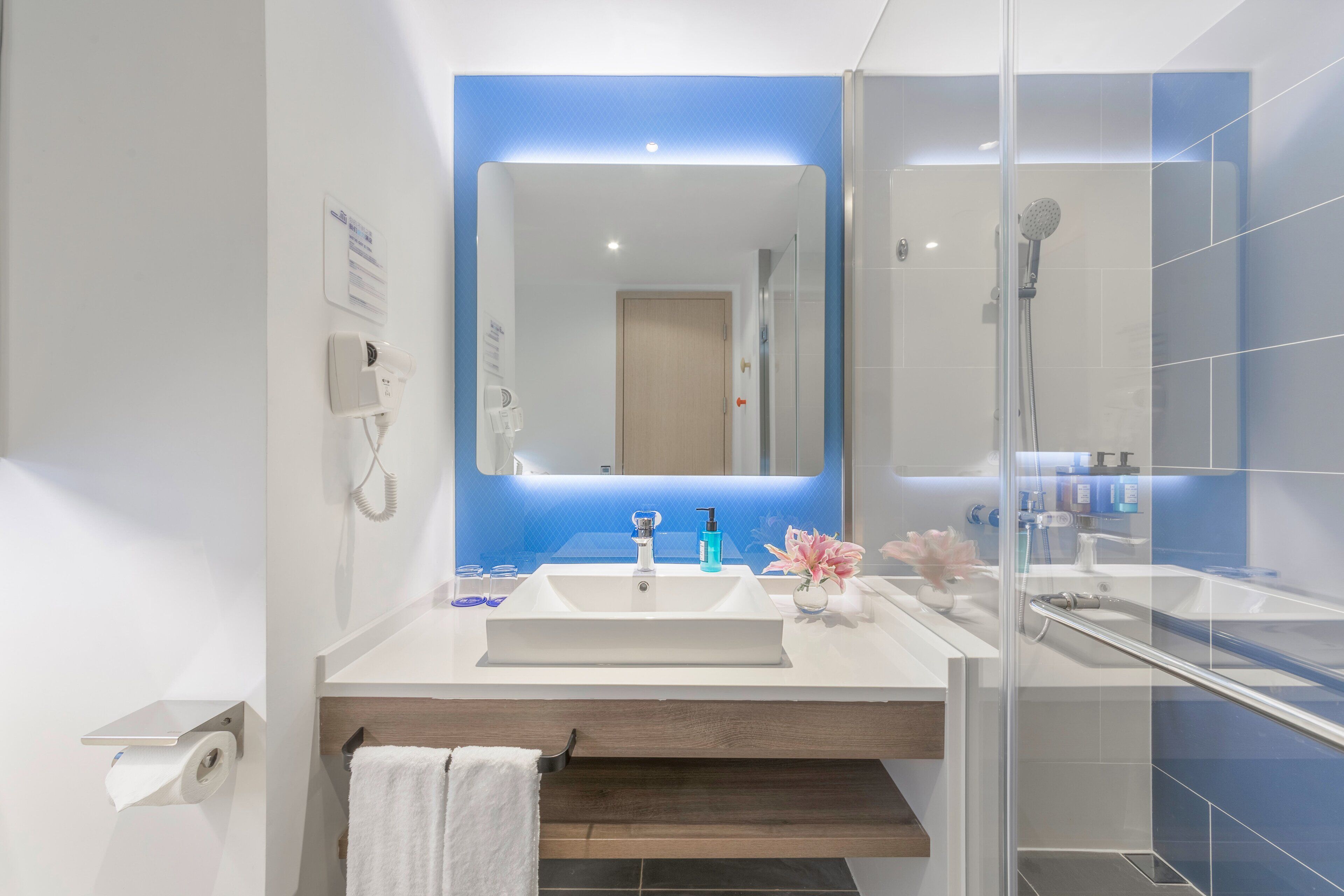 hair dryer, slippers, towels