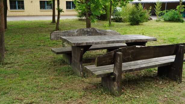 Ein Picknicktisch und eine Bank in einer grünen Umgebung mit Bäumen und einem Gebäude im Hintergrund.