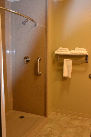 Comfort Room, 1 Queen Bed, Accessible | Bathroom | Combined shower/bathtub, hair dryer, towels