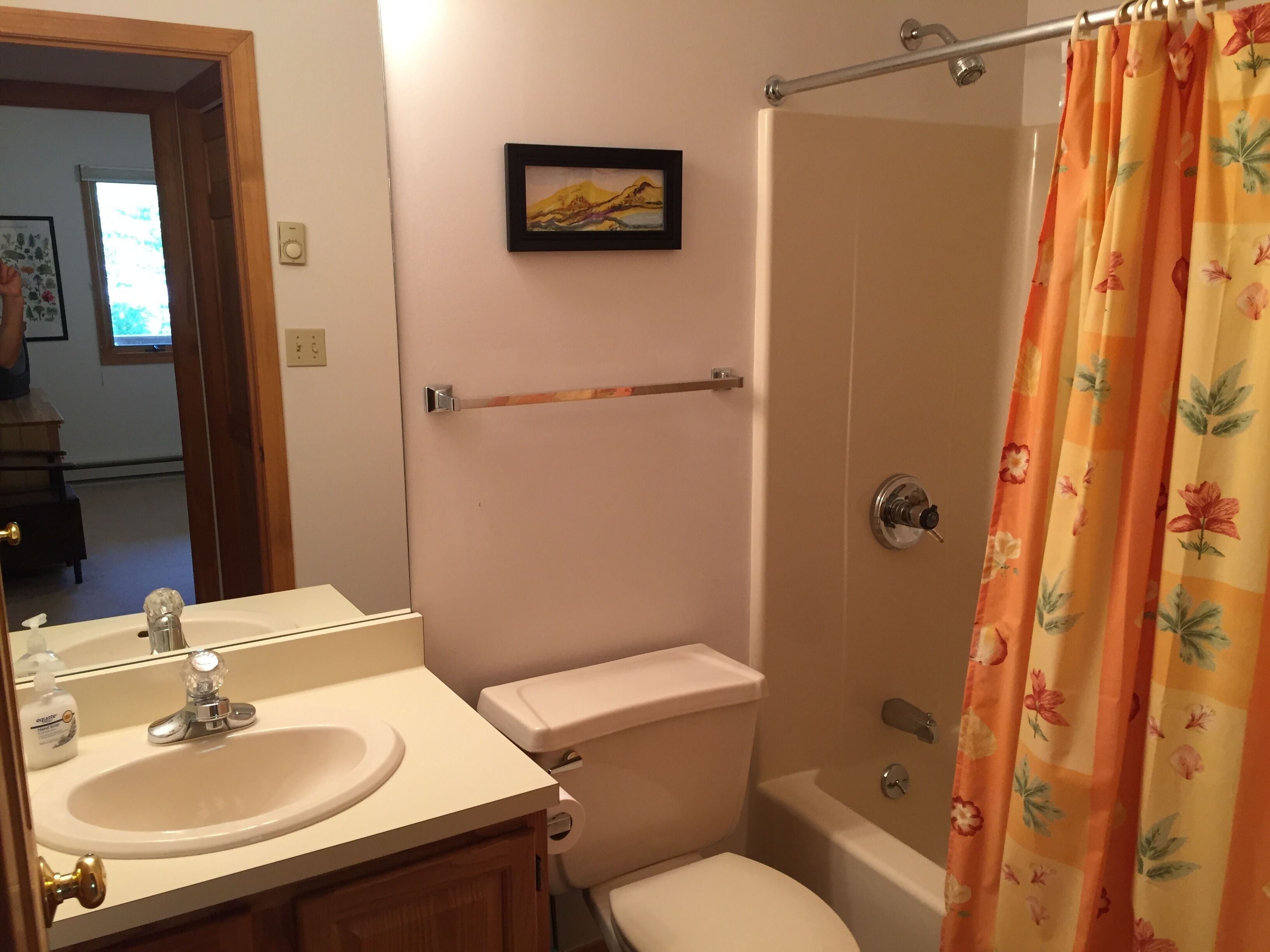 A bathroom with a sink, toilet, shower, and a framed picture on the wall.