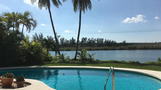 A swimming pool with a view of a lake, surrounded by palm trees and greenery. - Fantastic Vacation House on Private Lake in Fort Lauderdale (Fort Lauderdale)