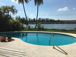 A swimming pool with a view of a lake, surrounded by palm trees and greenery. - Fantastic Vacation House on Private Lake in Fort Lauderdale (Fort Lauderdale)