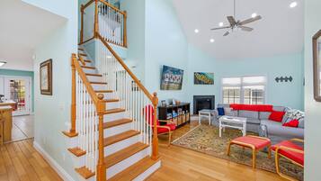 TV connectée, cheminée, lecteur de DVD, livres