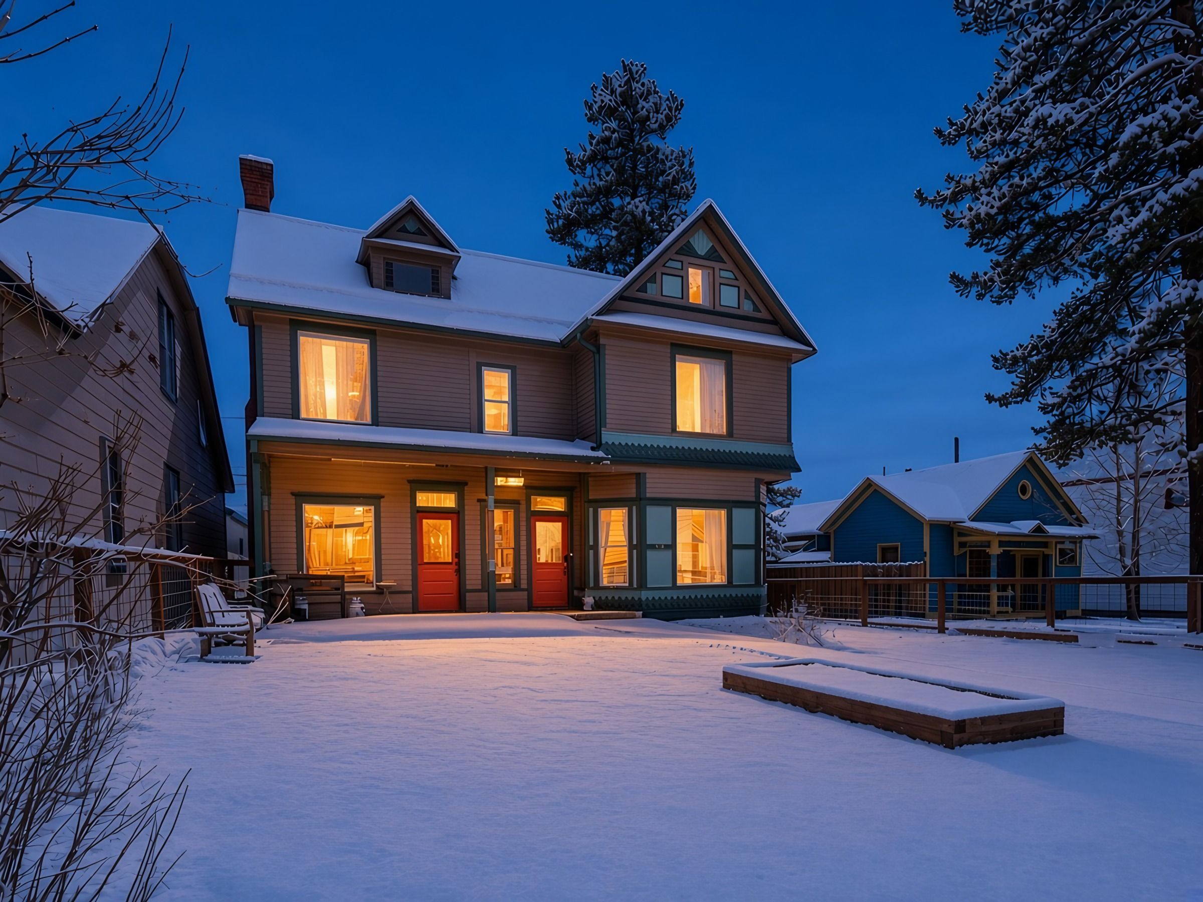A two-story house with a snow-covered yard, multiple windows, and a front porch.
