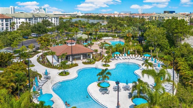 A resort with a large, curved pool surrounded by palm trees and lounge chairs.
