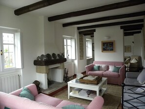 Televisie, een open haard, videospelletjes en een dvd-speler