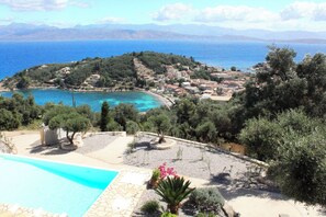 Outdoor pool, pool loungers - Villa Malva, Stunning views, Magnificent Kassiopi 4 Bedroom Villa (Kassiopi)