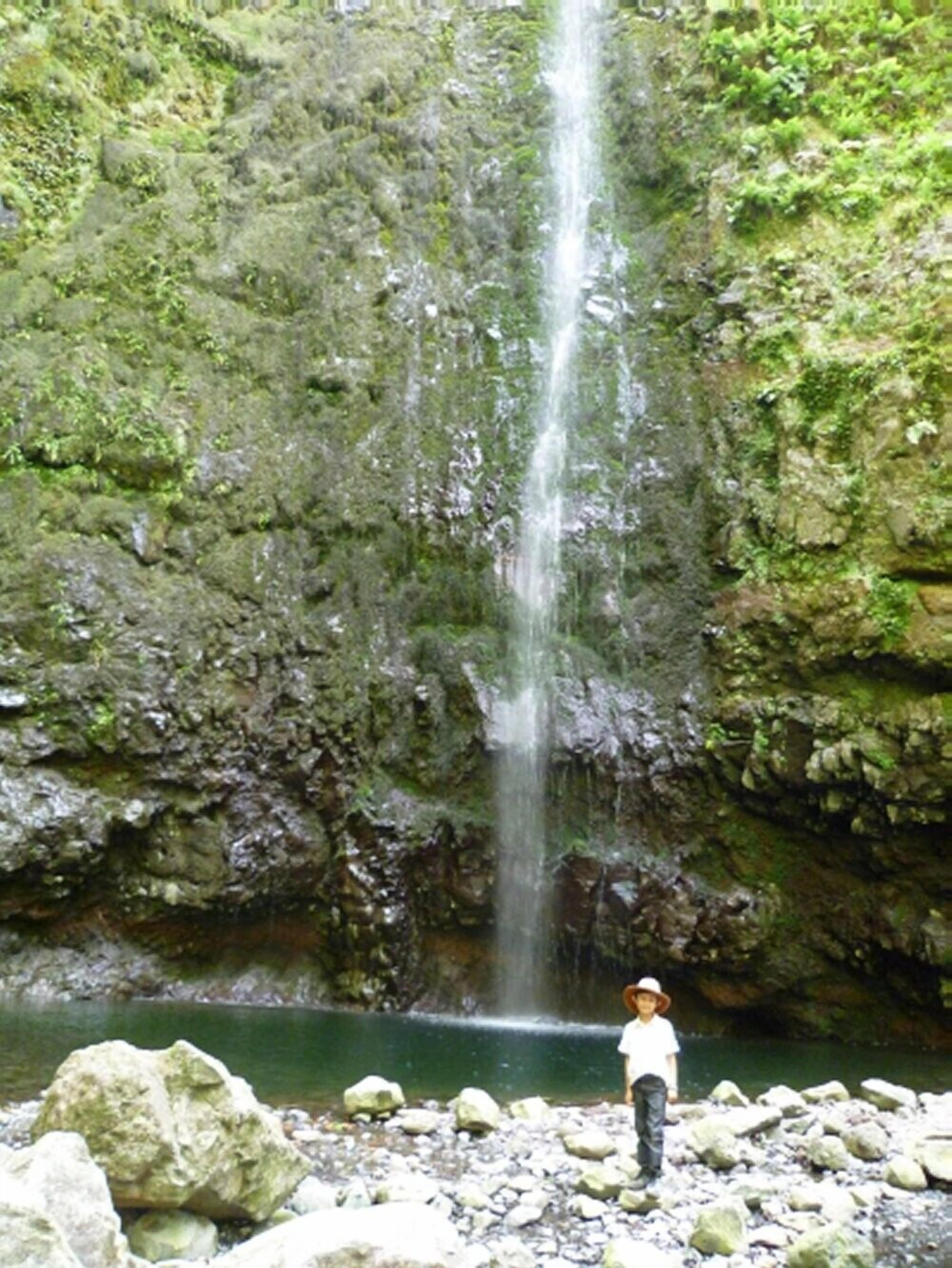 A waterfall in a natural setting with a person standing near the water.