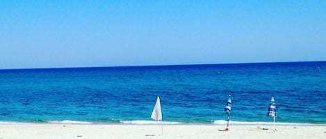 On the beach, sun-loungers