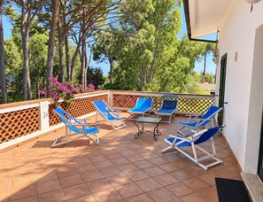 A terrace with blue lounge chairs, a table, and a decorative fence. -  Beachfront Villa with spacious garden and direct beach access  (San Sostene Marina)
