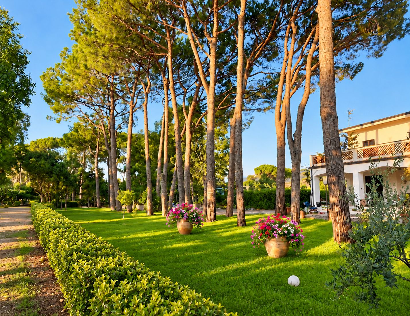 A well-maintained garden with tall trees, manicured grass, and flower pots.