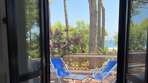 A glass door leading to an outdoor patio with a table and chairs, overlooking a beach and trees. -  Beachfront Villa with spacious garden and direct beach access  (San Sostene Marina)