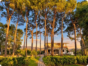 A house with a pathway leading to a covered area, surrounded by tall trees and well-maintained hedges. -  Beachfront Villa with spacious garden and direct beach access  (San Sostene Marina)