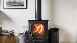 Ein Kaminofen mit sichtbarem Feuer, ein Metallkübel und ein Korbwannenkorb.
