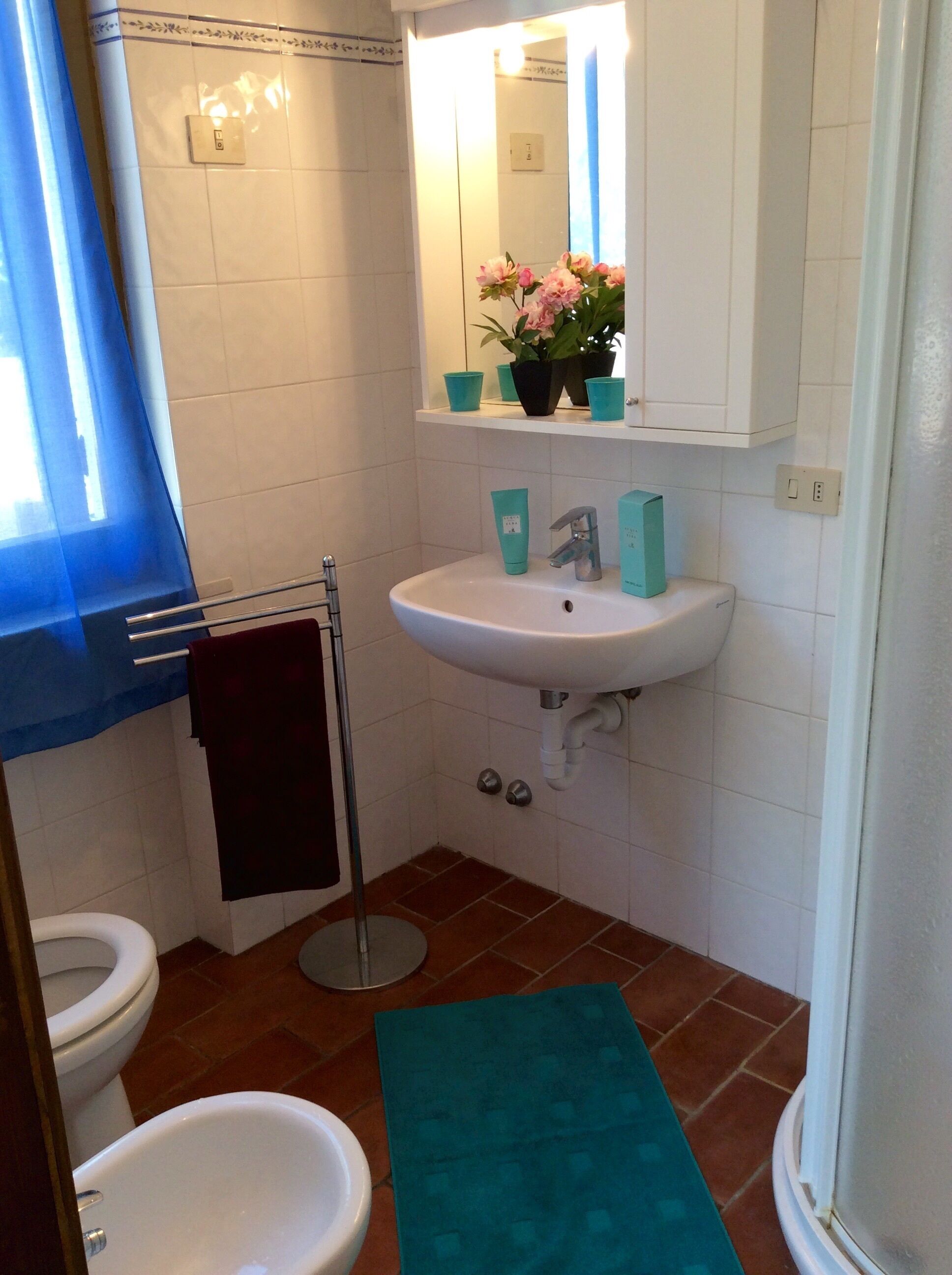 A bathroom with a white sink, a mirror above it, and a toilet. There are teal-colored towels and a teal rug on the floor.