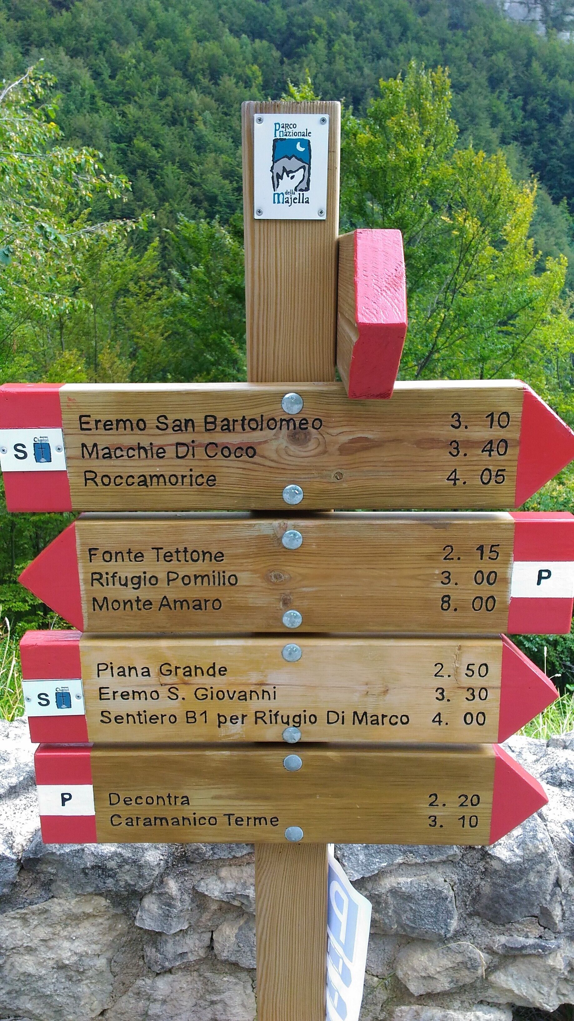 A wooden directional signpost with multiple arrows pointing to various destinations and their distances in kilometers.
