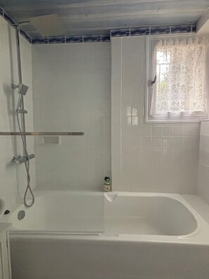 Combined shower/bathtub, hair dryer, soap