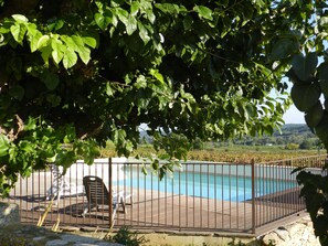 Une piscine dotée d’une terrasse en bois et d’une rambarde en métal, entourée de verdure et offrant une vue sur un paysage lointain.
