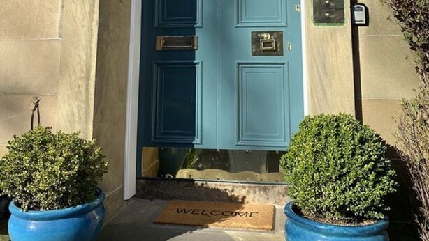 Una puerta azul con marco blanco, un felpudo con la palabra BIENVENIDOS y dos macetas con plantas a cada lado.