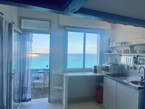 Fridge, microwave, stovetop, coffee/tea maker