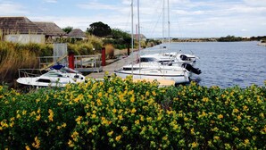 A marina with several sailboats docked, a wooden pier, and a thatched-roof building in the background.