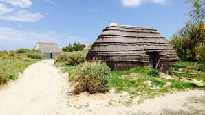 A rural path leading to traditional thatched-roof houses with a bench and a birdcage nearby.
