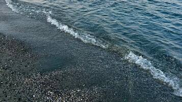 On the beach, sun-loungers