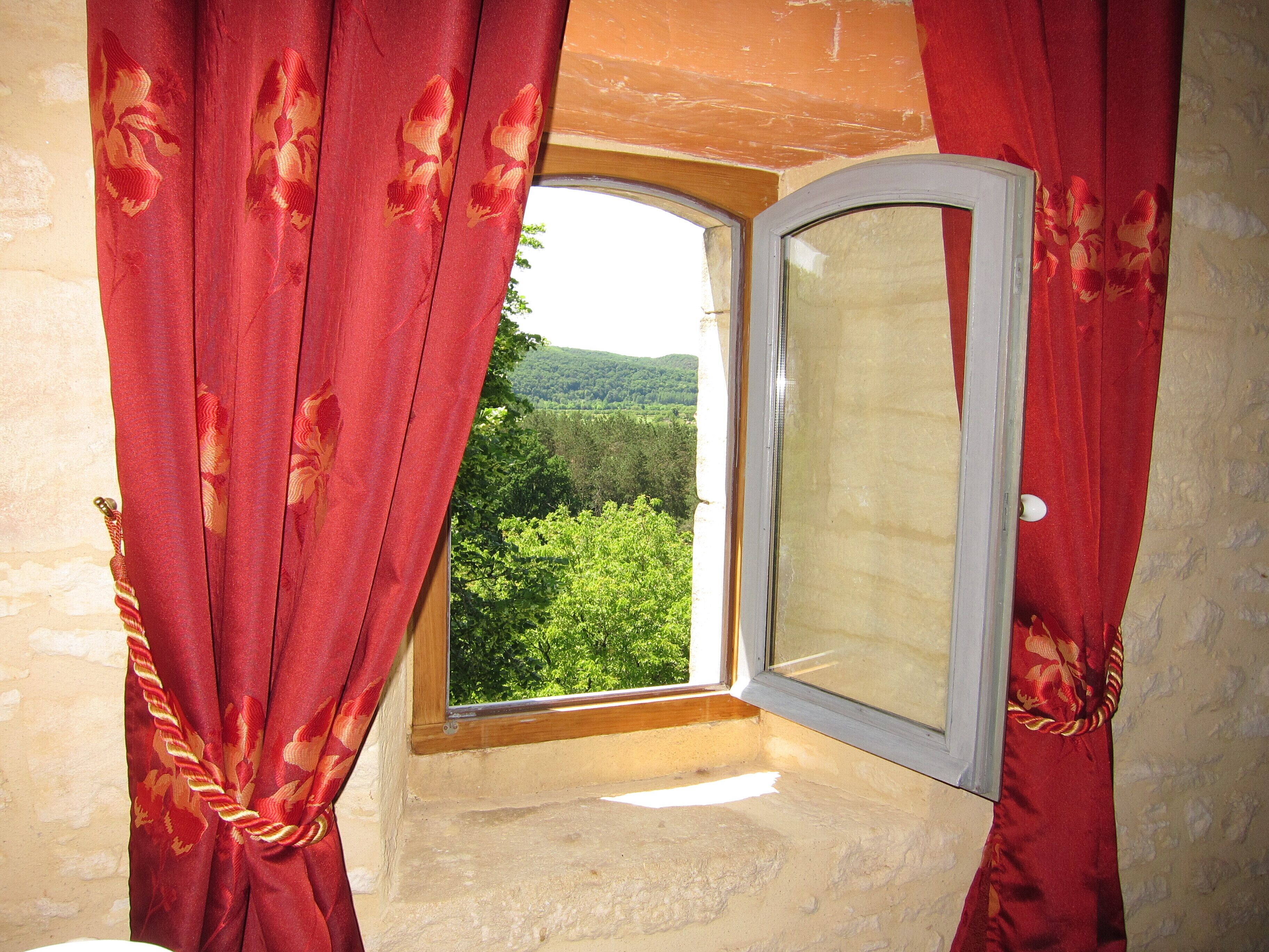 A room with a window overlooking a green landscape.