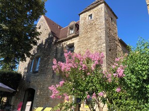 A stone building with a tower, windows, and a tree with pink flowers in front.